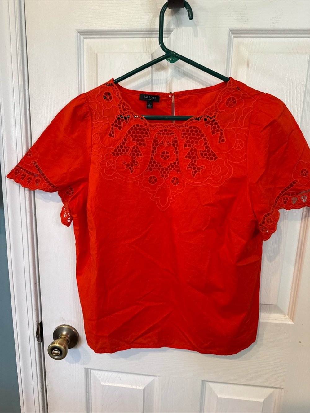Talbots Bright Red Eyelet Neckline Short Sleeve Blouse
